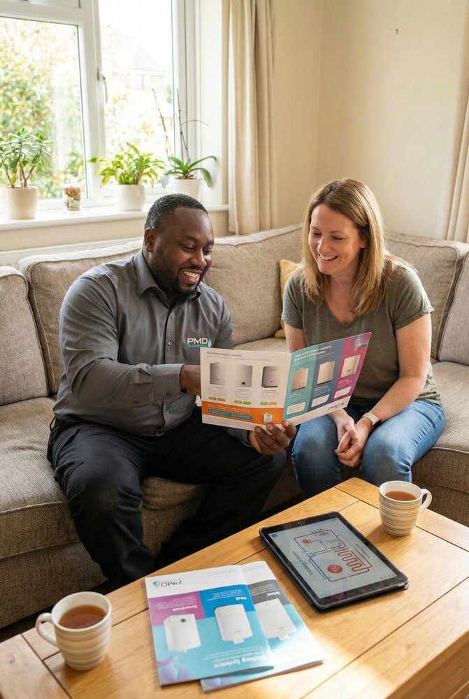 PMD Plumbers engineer consulting with a customer at home