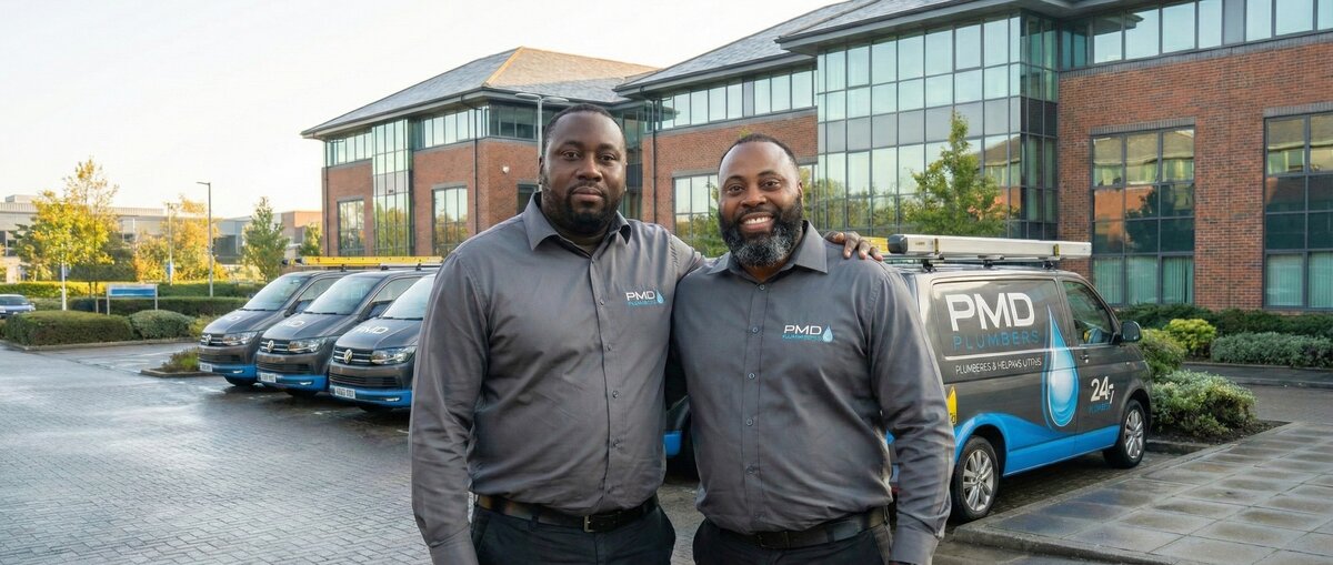 PMD Plumbers founders Trevor and Paul McDonald with their fleet