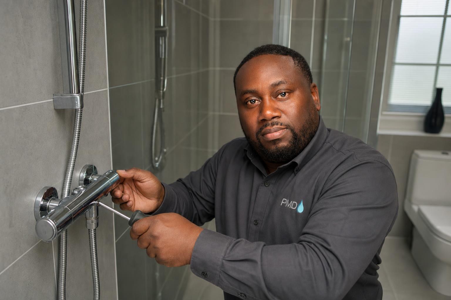 PMD engineer fixing a leak under a kitchen sink
