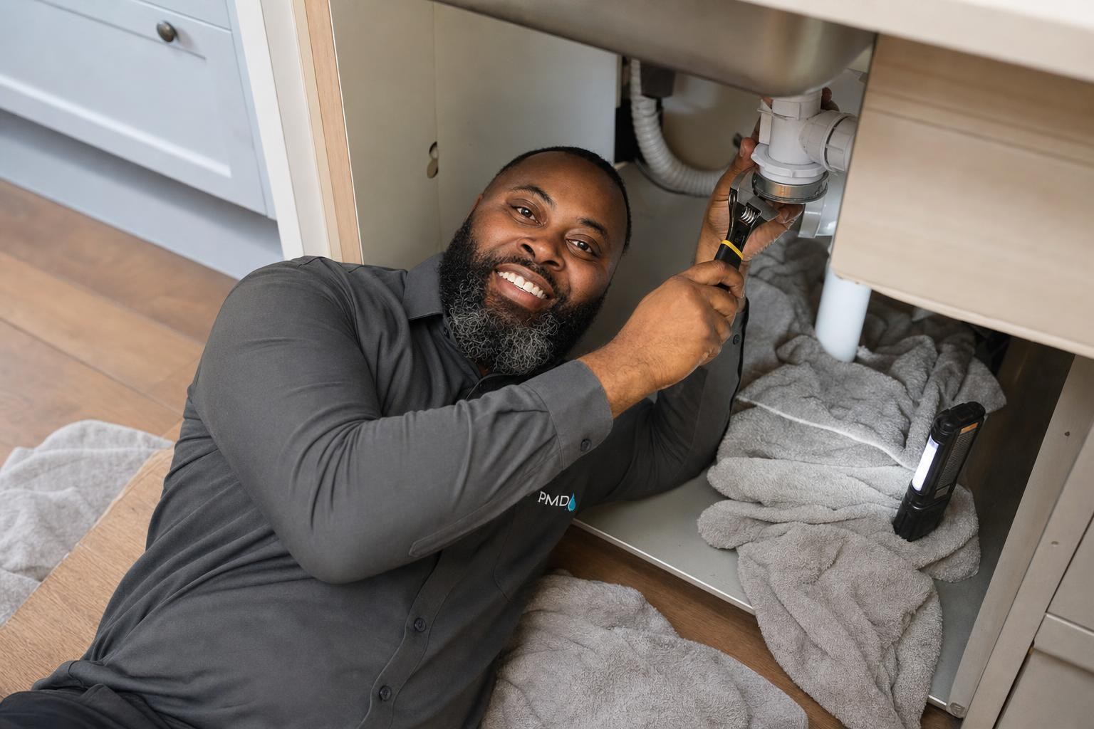 PMD engineer fixing a leak under a kitchen sink
