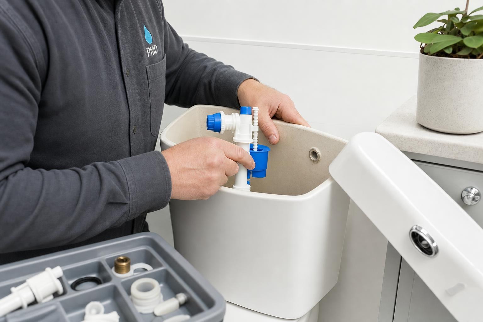 PMD engineer fixing a leak under a kitchen sink
