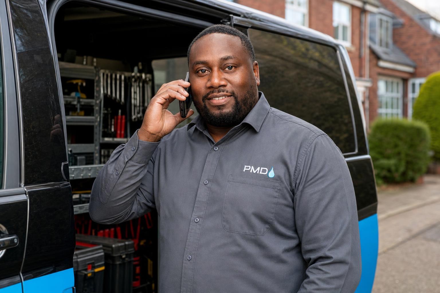 PMD engineer taking a customer call beside his branded van