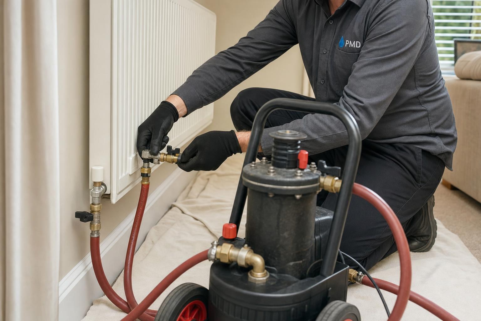 PMD engineer fixing a leak under a kitchen sink